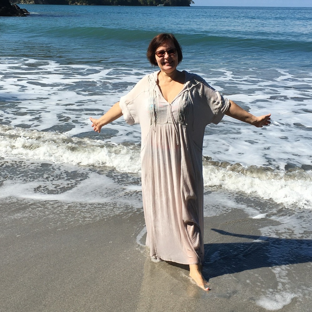 Free People hooded lightweight gauze maxi dress with lace design in silver gray
